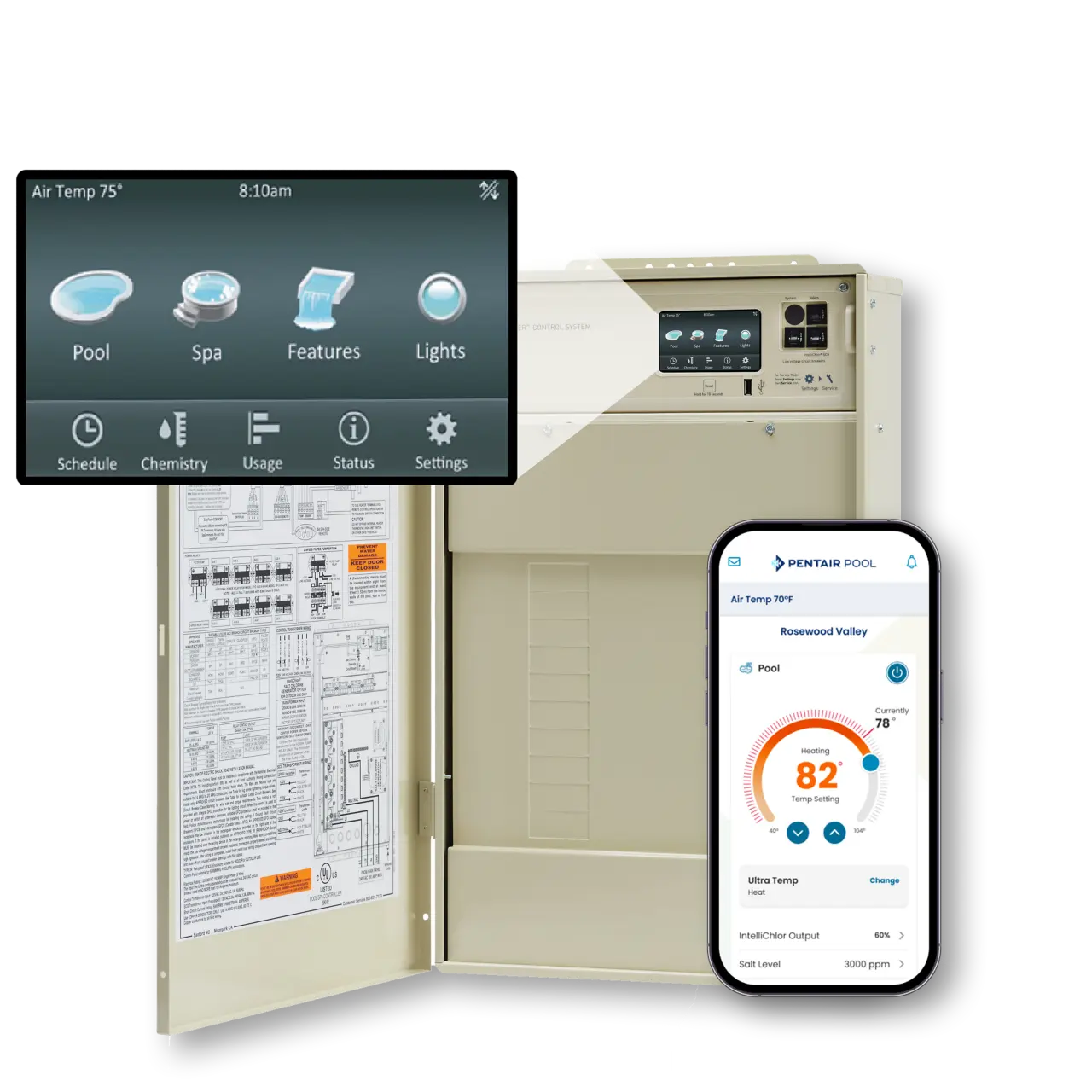 Pentair IntelliCenter pool automation control panel and touchscreen display